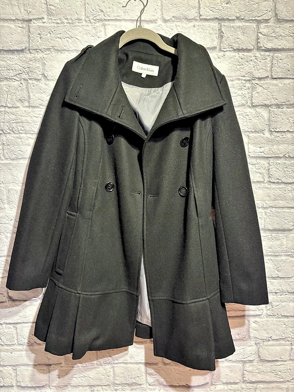 Calvin Klein Pleat Peplum Double Breasted Wool Blend Peacoat Black Wool Size 2
